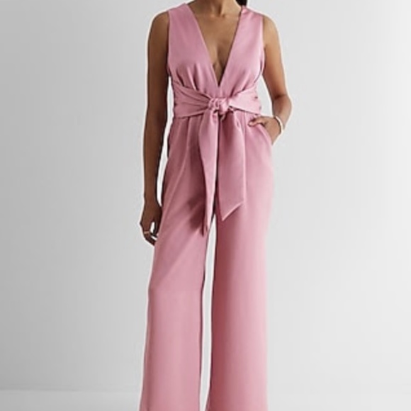 **bundled** Satin V-Neck Tie Waist Wide Leg Jumpsuit - Picture 1 of 5